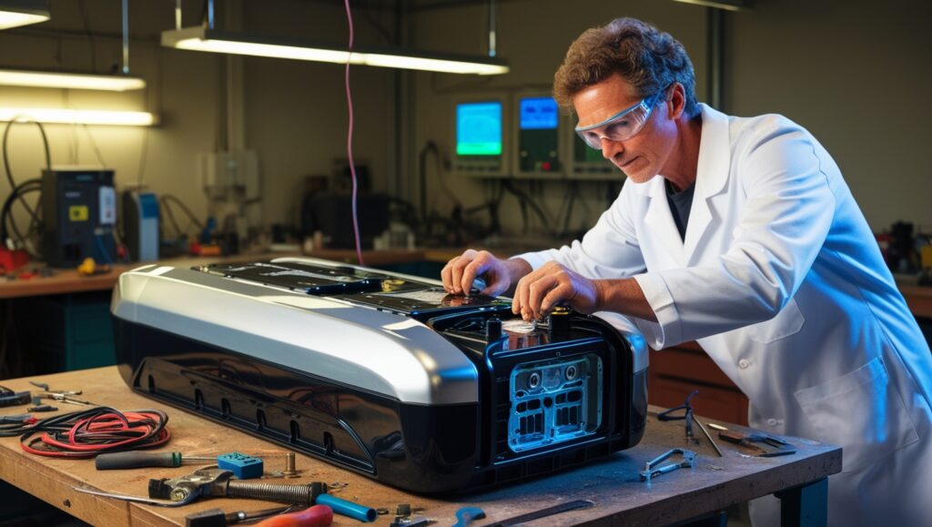 large electric car battery with a scientist working on it