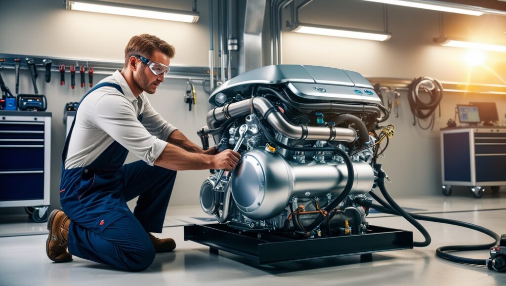 modern hydrogen car engine and mechanic working on it